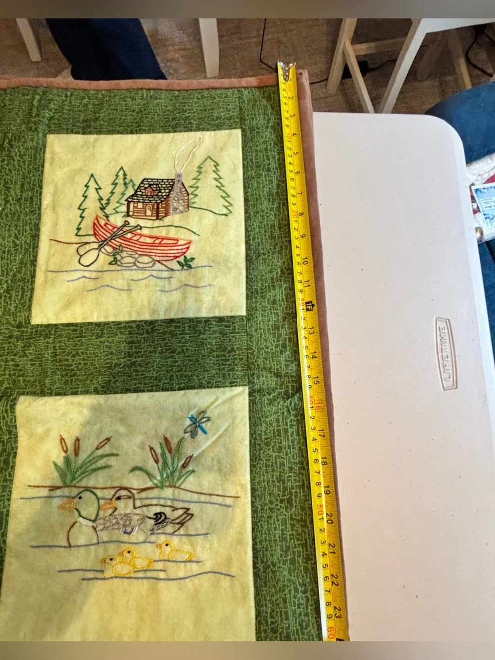 Handmade and Hand Embroidered Green & Cream Cabin-Themed Quilt 38x50